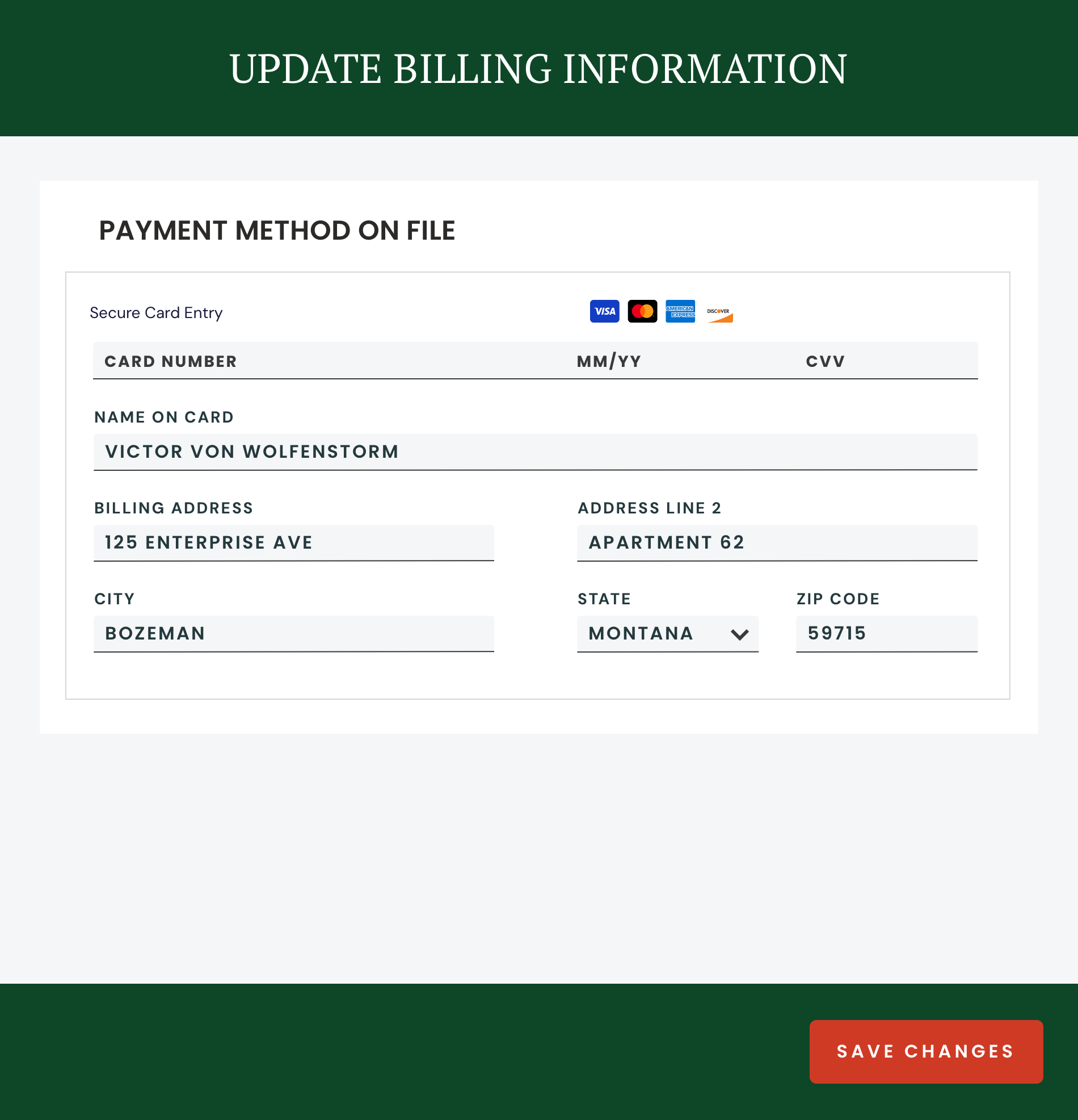 Update Billing Information screen: payment method on file and billing address