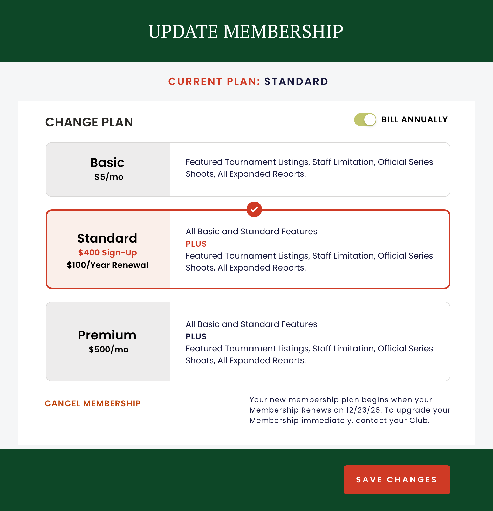 Update Membership screen: current plan Standard with Basic, Standard and Premium plan options