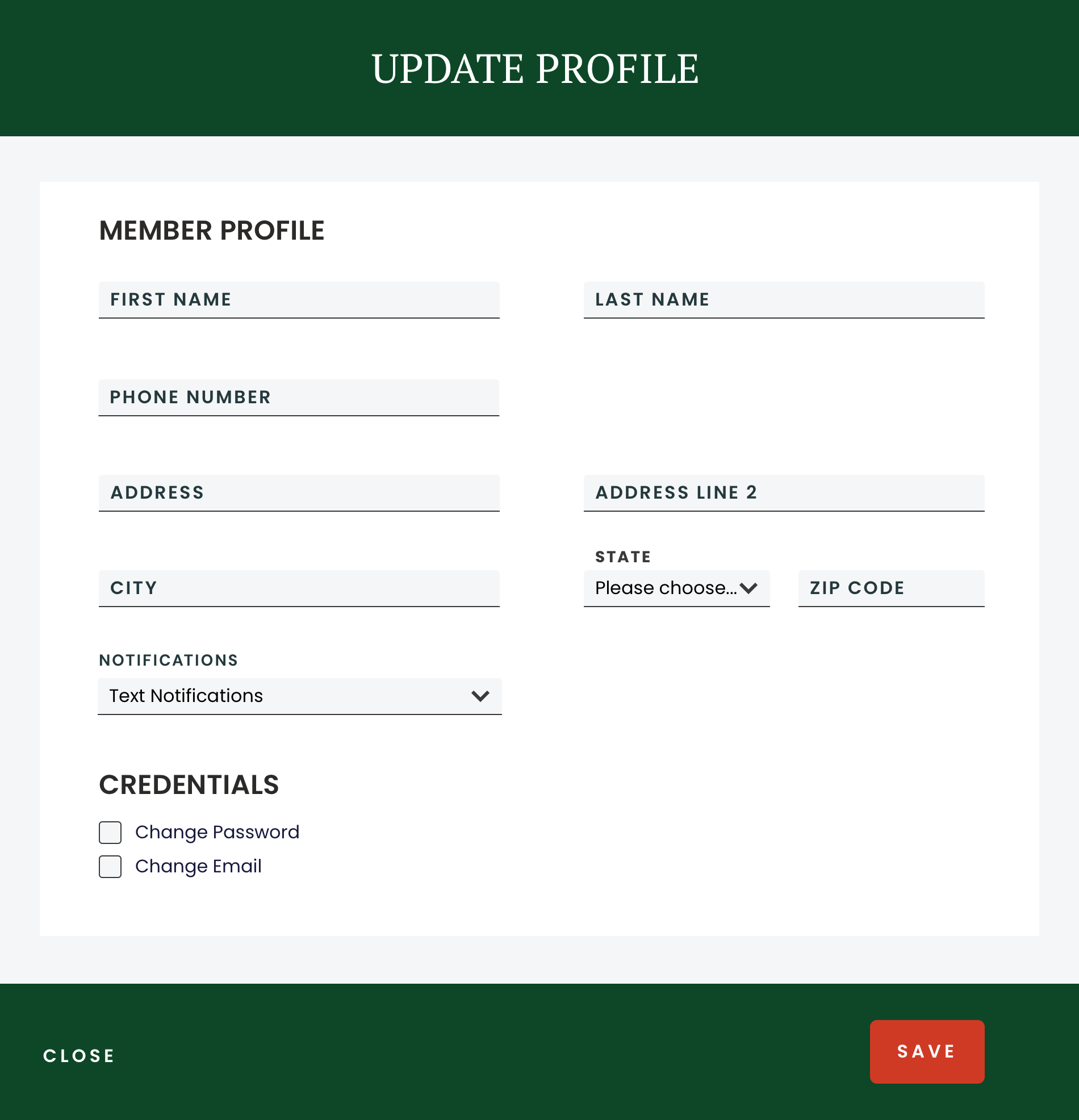 Update Profile screen: member profile, address, notifications and credentials fields