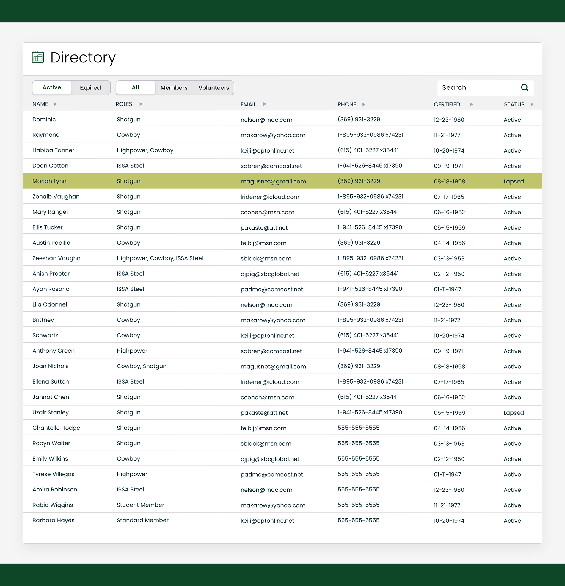 Directory screen: searchable list of members and volunteers