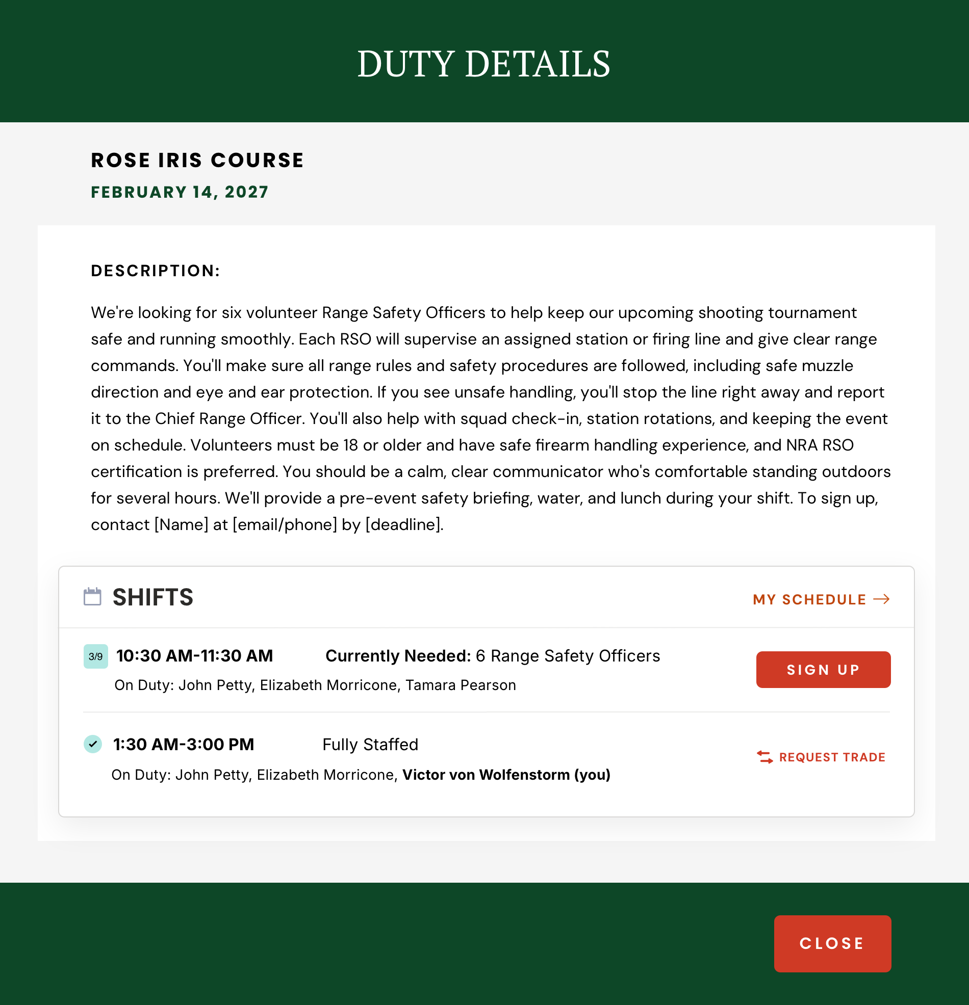Duty Details screen: course description and shifts with sign-up buttons