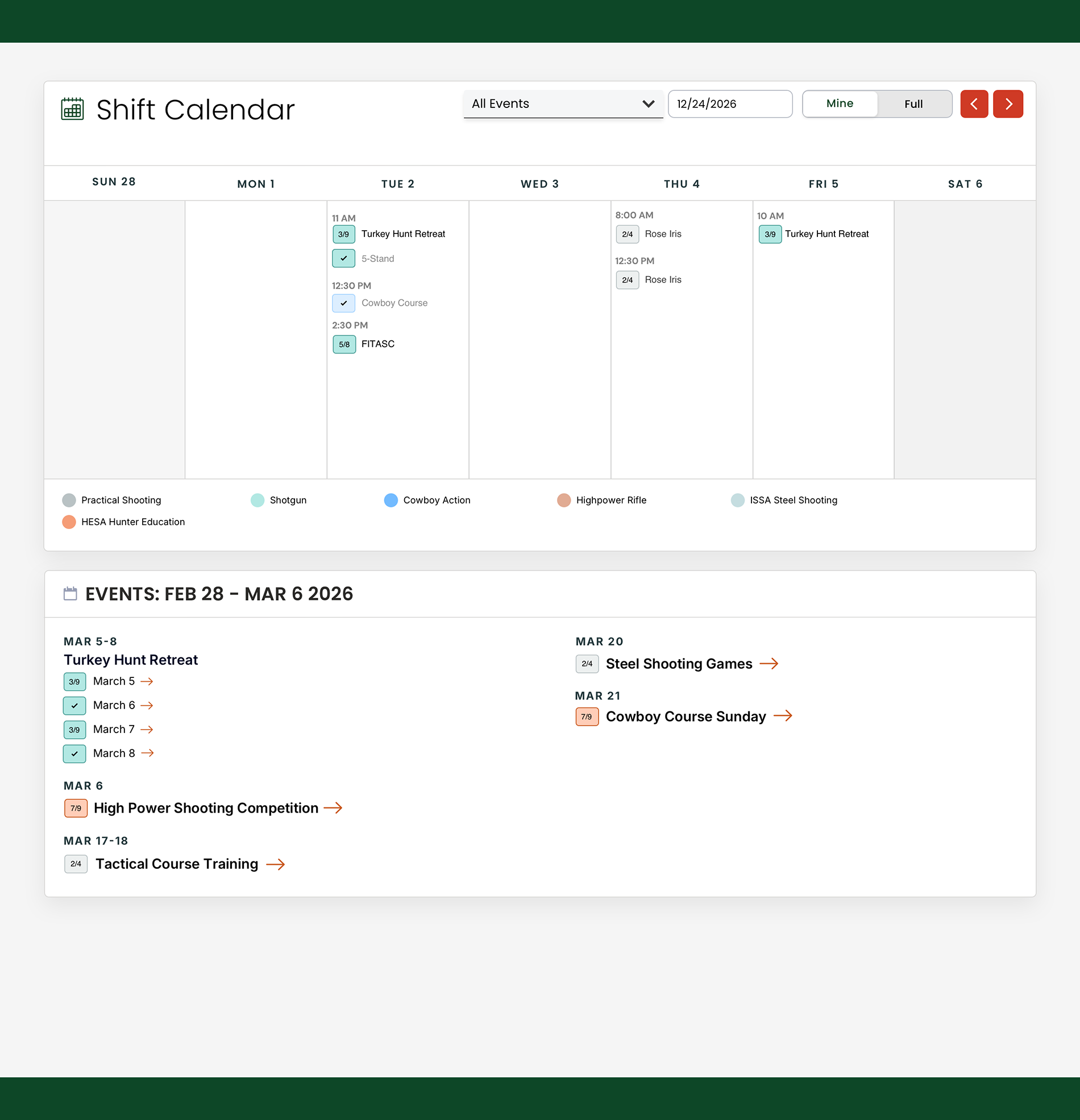 Shift Calendar screen: weekly shifts and upcoming events list